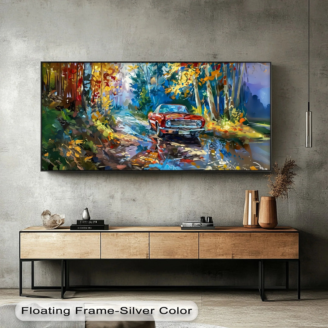 Autumn Drive Through the Forest – Red Muscle Car Canvas Print
