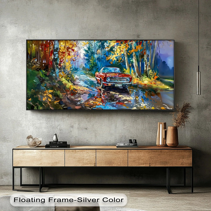 Autumn Drive Through the Forest – Red Muscle Car Canvas Print