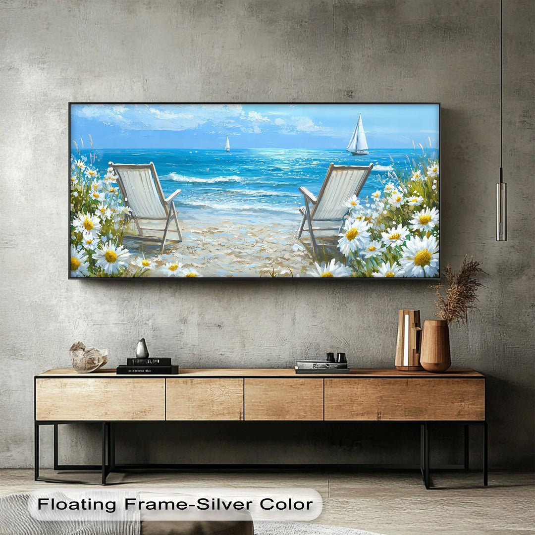 Perfect for summer decor, this dreamy beach chair canvas art radiates calm.

