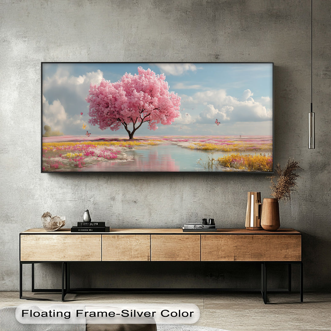Cherry Blossom Meadow Landscape - Pink Canvas Print