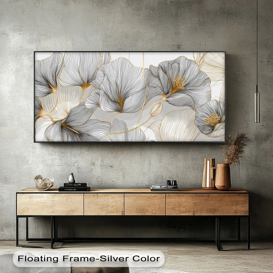 Contemporary canvas print featuring fine floral lines in black and gold tones

