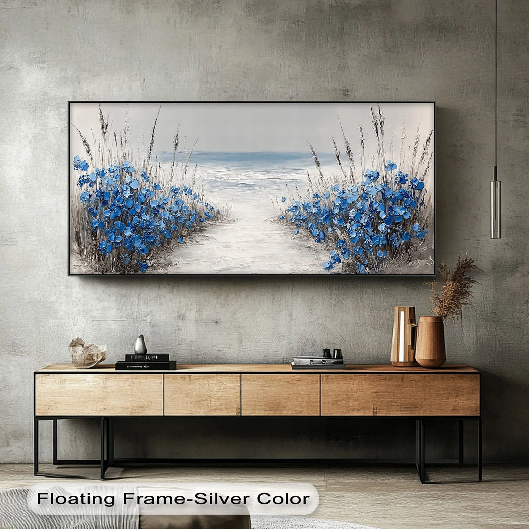 Tranquil Shoreline Path – Blue Wildflowers by the Sea Canvas Print - MyPhotoStation