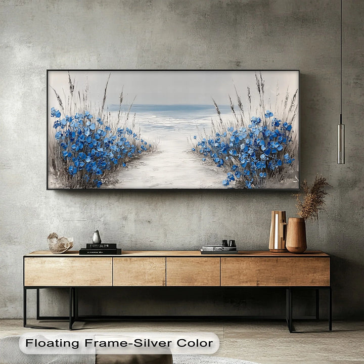 Tranquil Shoreline Path – Blue Wildflowers by the Sea Canvas Print - MyPhotoStation