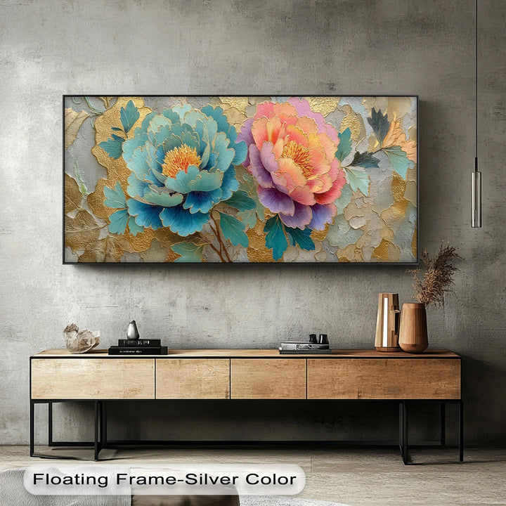 Modern botanical canvas print with layered flower design in bold pastel tones

