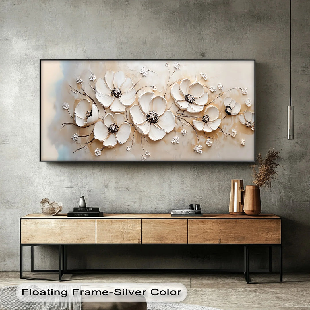 A delicate arrangement of blossoms in this 3D-effect white flower canvas.

