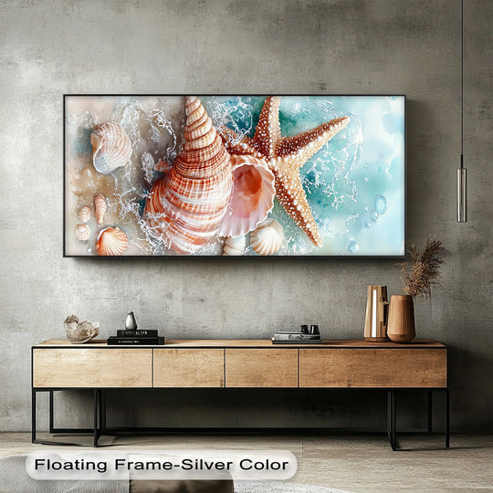 Foreground reveals the intricate detail of a seashell and starfish coastal canvas print, a lovely piece of canvas wall decor showcasing oceanic treasures.