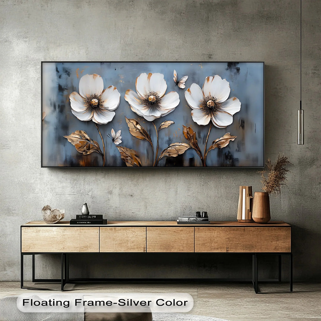 Golden Grace – White Floral Wall Art on Blue Canvas Print - MyPhotoStation