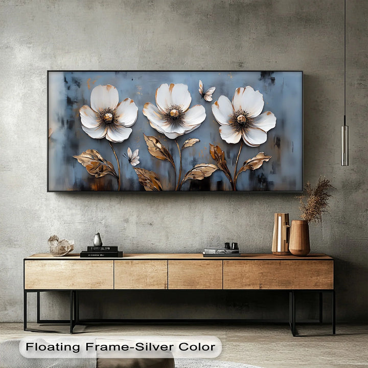 Golden Grace – White Floral Wall Art on Blue Canvas Print - MyPhotoStation