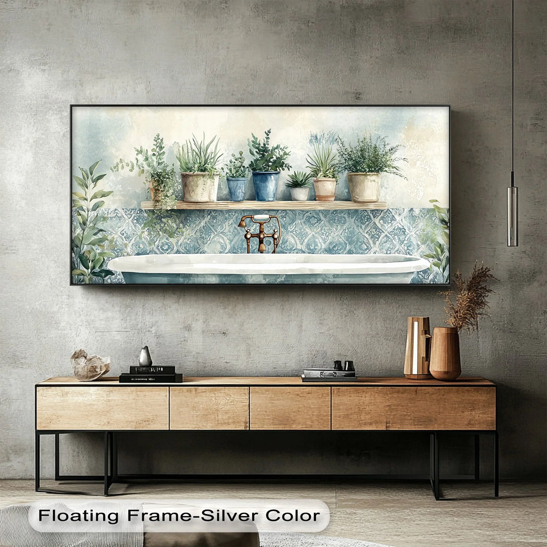 Botanical Serenity – Vintage Bathroom with Potted Plants Canvas Print - MyPhotoStation