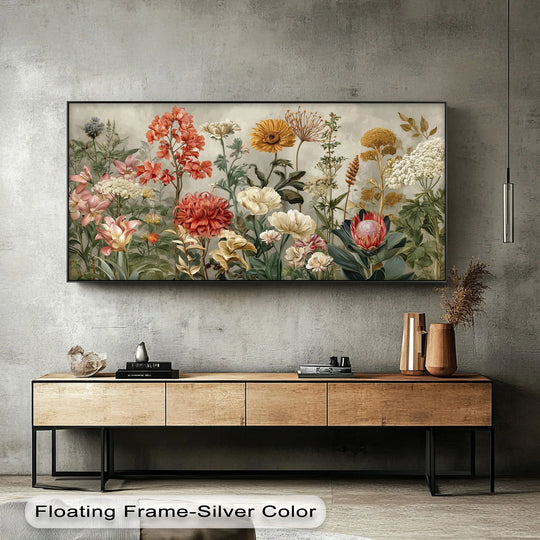 The stillness of this garden reverie premium canvas decor captures the muted tones of a lush botanical canvas print, its flowers poised in eternal bloom.