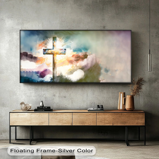 Radiant cross, the focal point of the best canvas prints, creates a watercolor Christian canvas print with serene, pastel light for peaceful spiritual reflection.