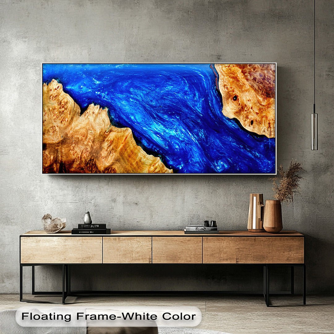 Blue Resin Wood Canvas Print – Modern Abstract Ocean Wall Art