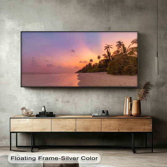 Foreground cabinet detail showcases the golden sunset beach scene canvas wall art above, adding a warm landscape to the room.