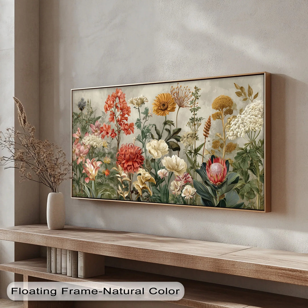 Vintage style floral artwork on canvas with a mix of exotic and wild garden flowers









