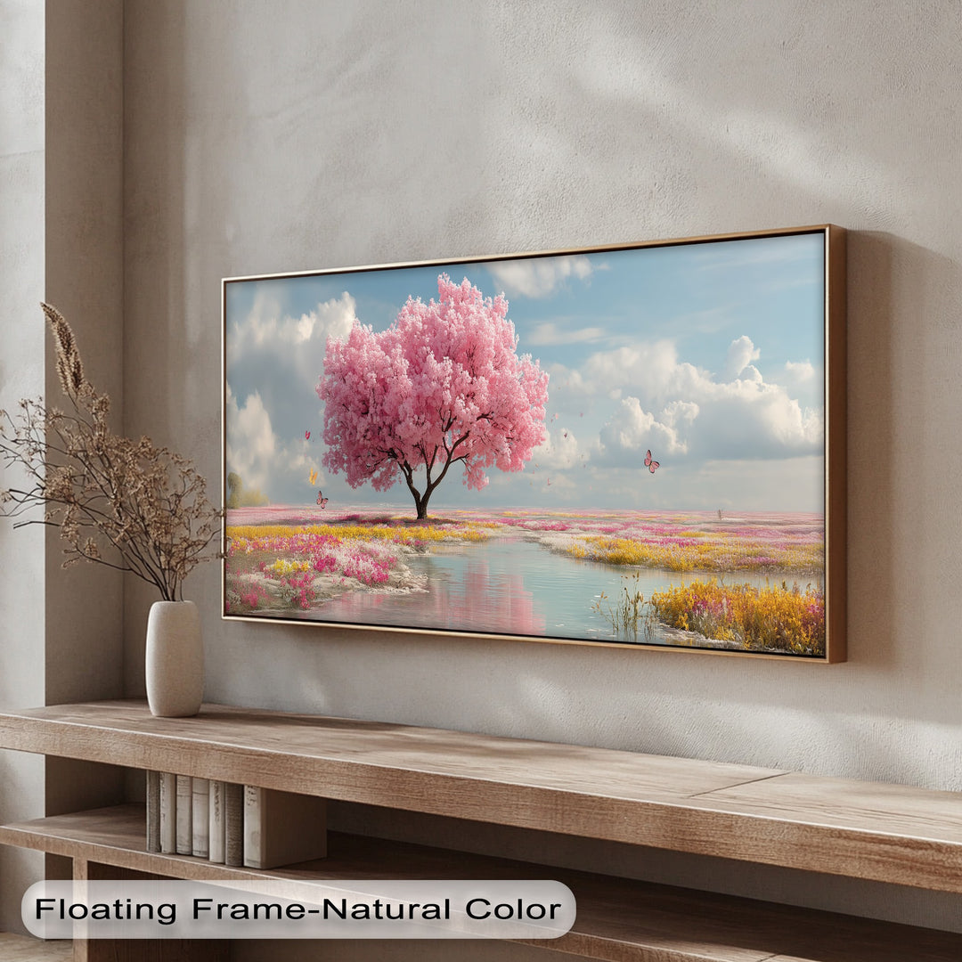 Cherry Blossom Meadow Landscape - Pink Canvas Print