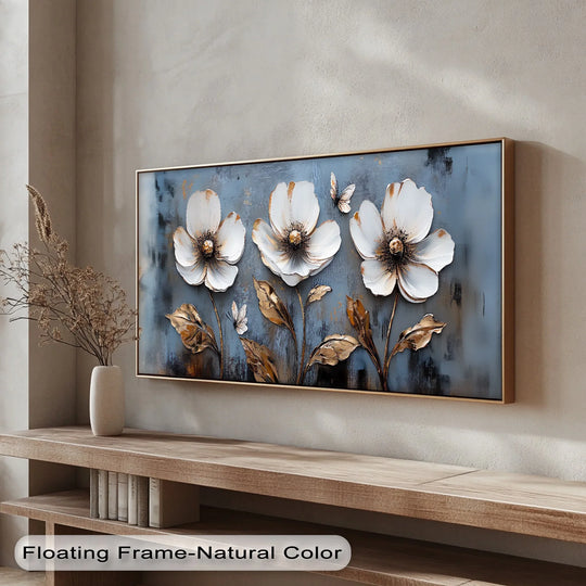 Golden Grace – White Floral Wall Art on Blue Canvas Print - MyPhotoStation