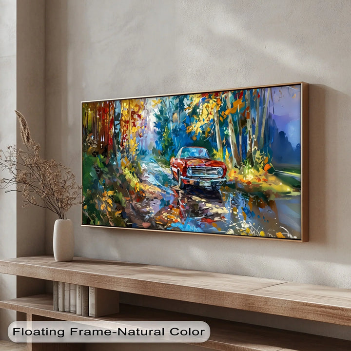 Autumn Drive Through the Forest – Red Muscle Car Canvas Print