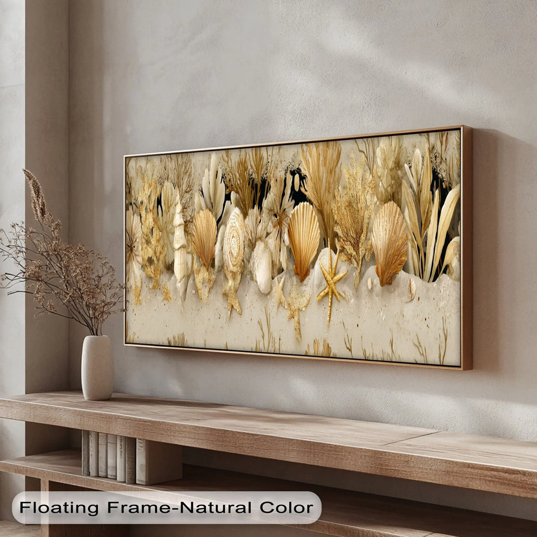 Beach themed canvas art with golden underwater elements and natural textures

