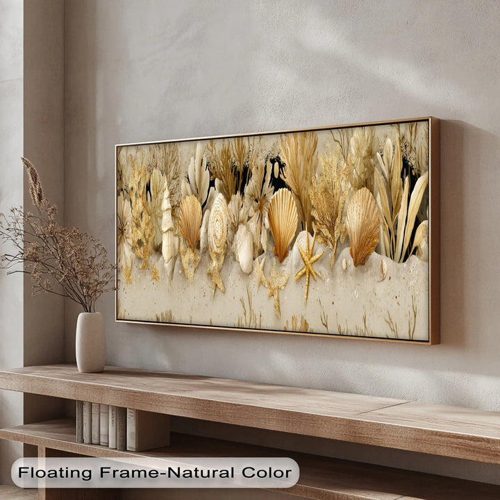 Beach themed canvas art with golden underwater elements and natural textures

