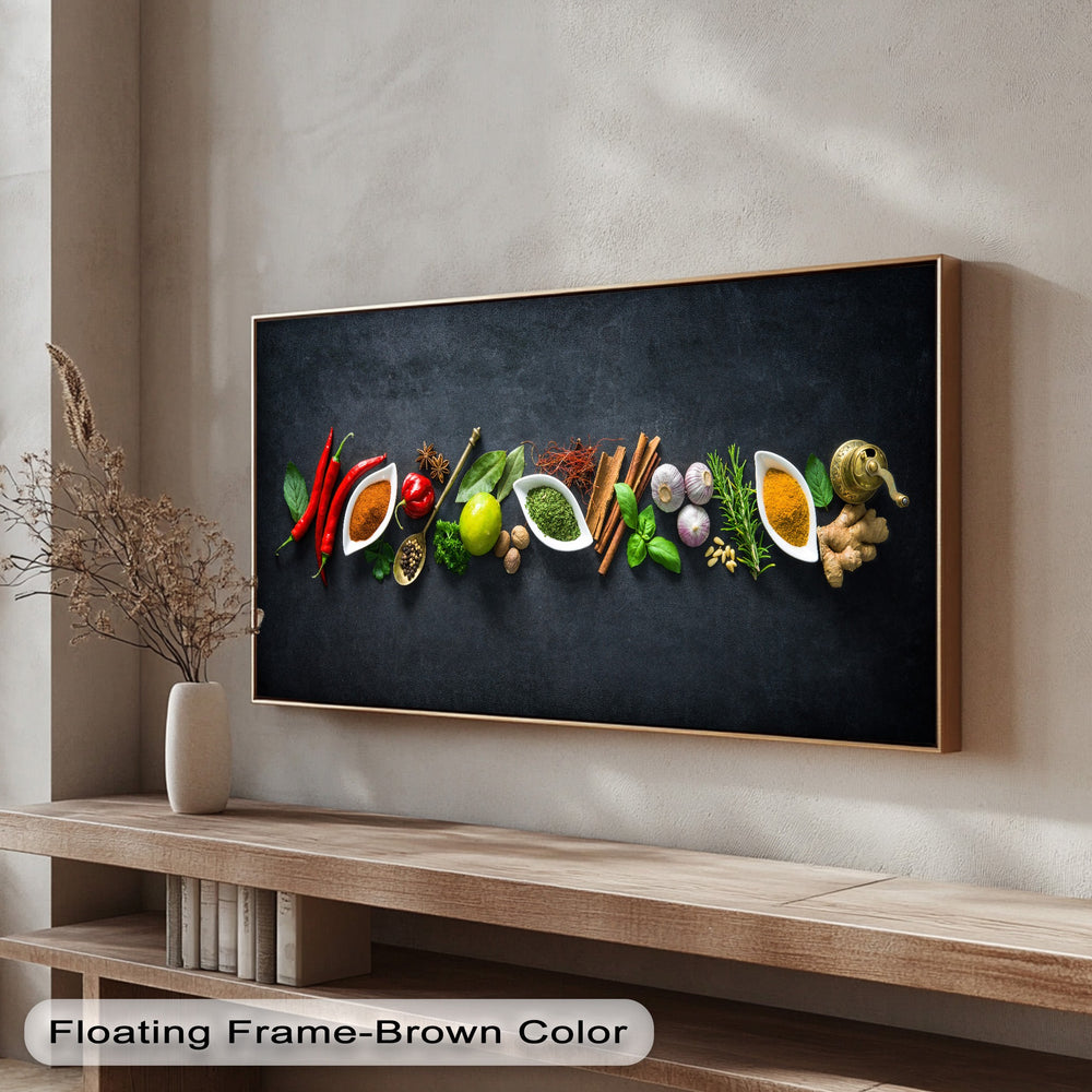 The subtle surface texture of this vibrant kitchen spice canvas painting is enhanced by the rough plaster wall and rustic wooden shelf.