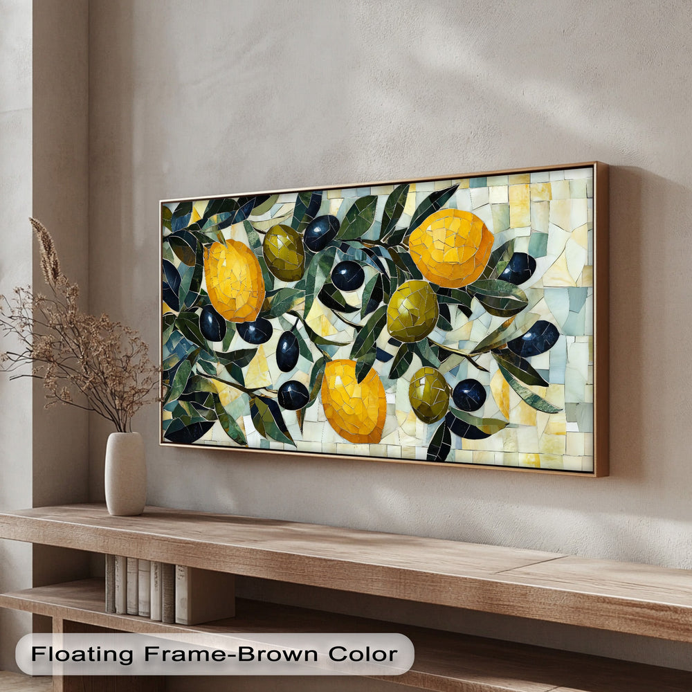 A vibrant lemon and olive mosaic framed canvas print depicts ripe yellow lemons and deep green olives on branches against a cream background.