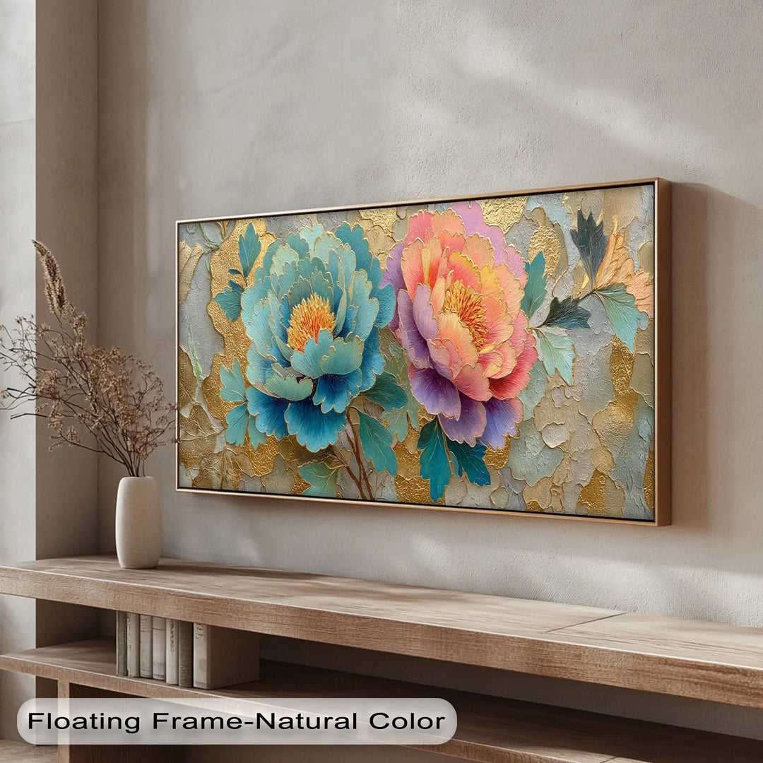 Colorful floral canvas wall art featuring vibrant peonies and luxury gold detailing

