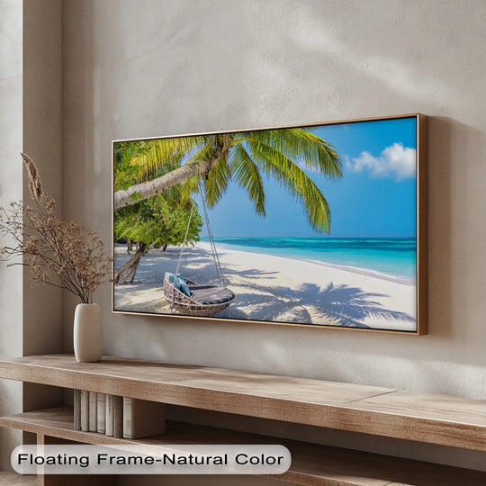 Horizontal rectangular premium canvas decor featuring a landscape canvas print of a hammock on a white sand beach.
