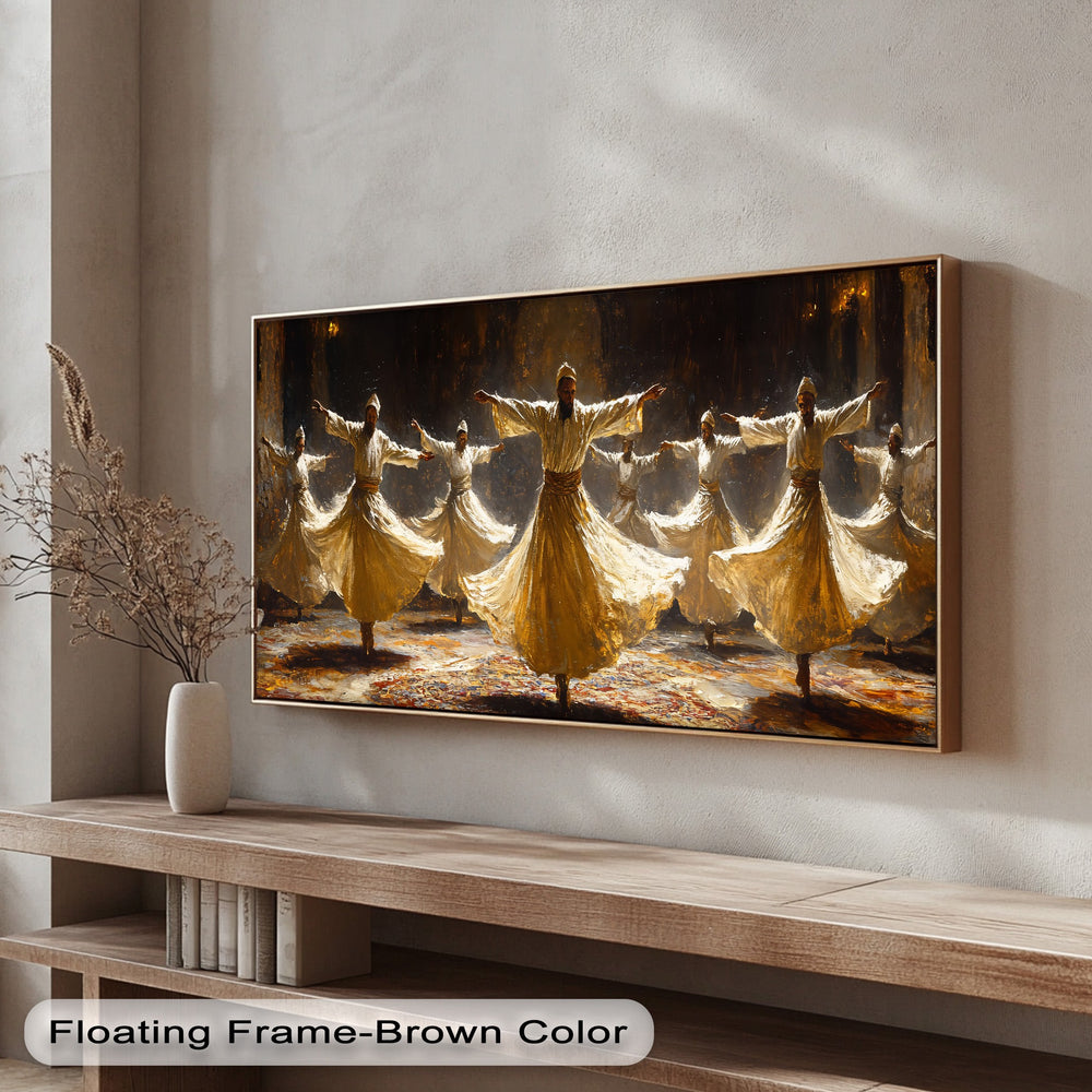 The visible brushstrokes and rich surface texture of this canvas art vividly capture whirling dervishes in their spiritual Sufi dance.
