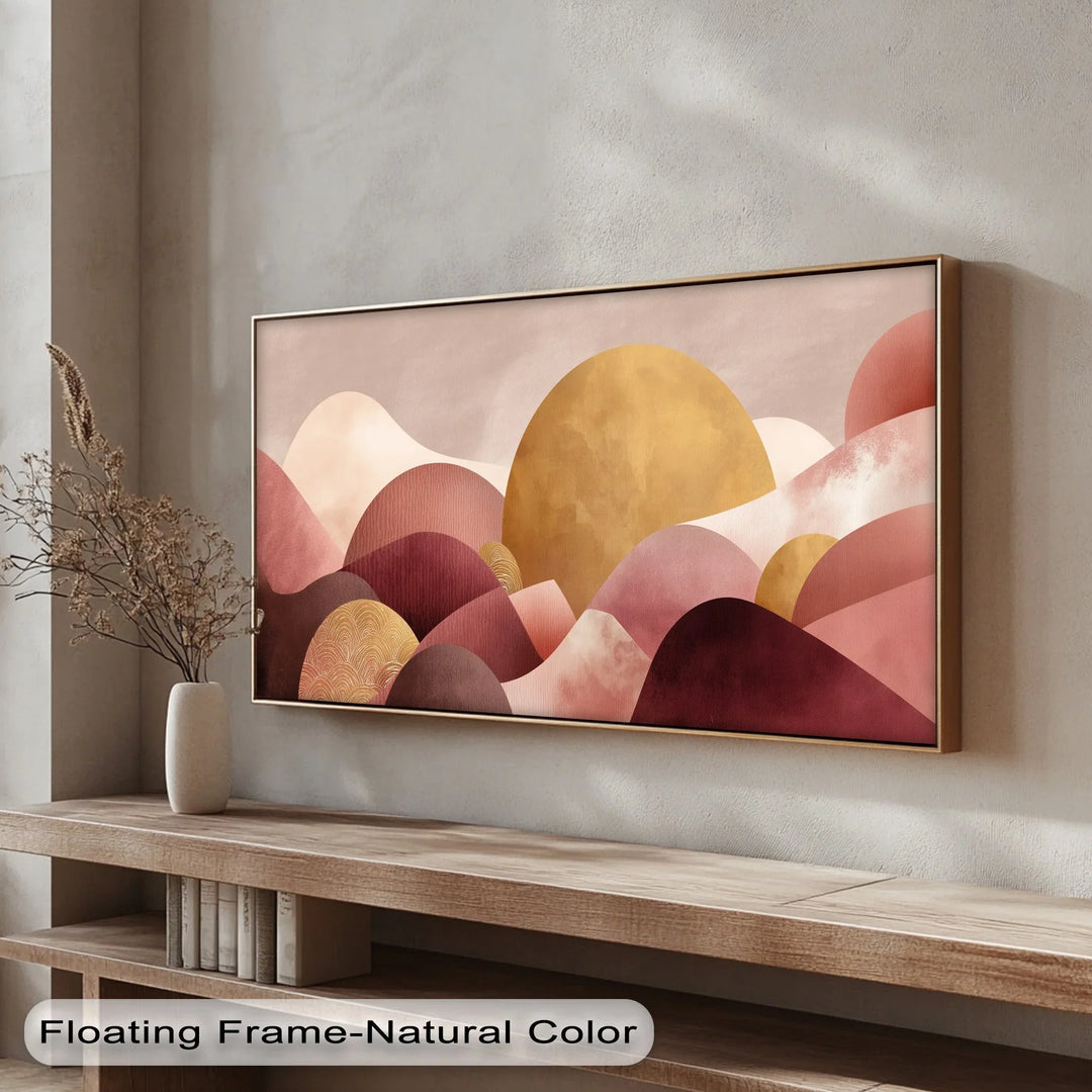 Minimalist abstract wall art featuring curved hills and textured golden shapes

