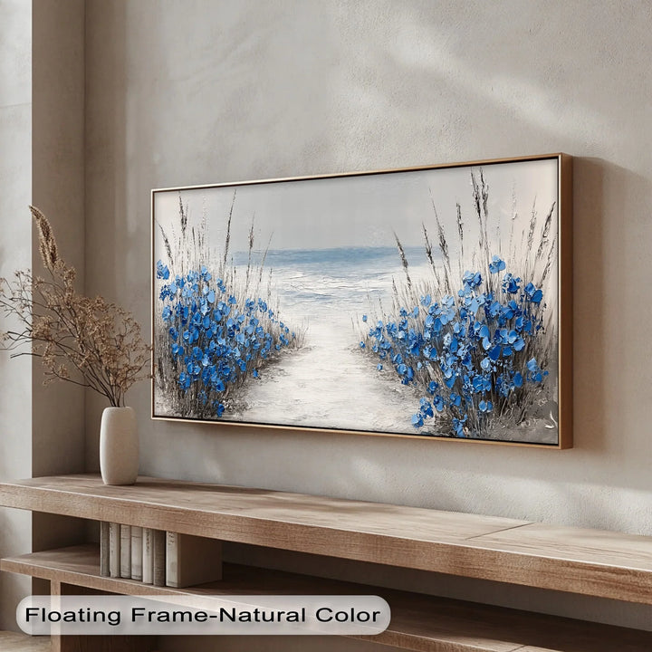 Tranquil Shoreline Path – Blue Wildflowers by the Sea Canvas Print - MyPhotoStation