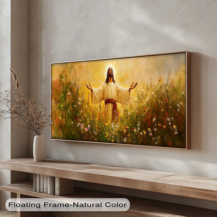 Heavenly light and color unite in this stunning Christian canvas print of Jesus.

