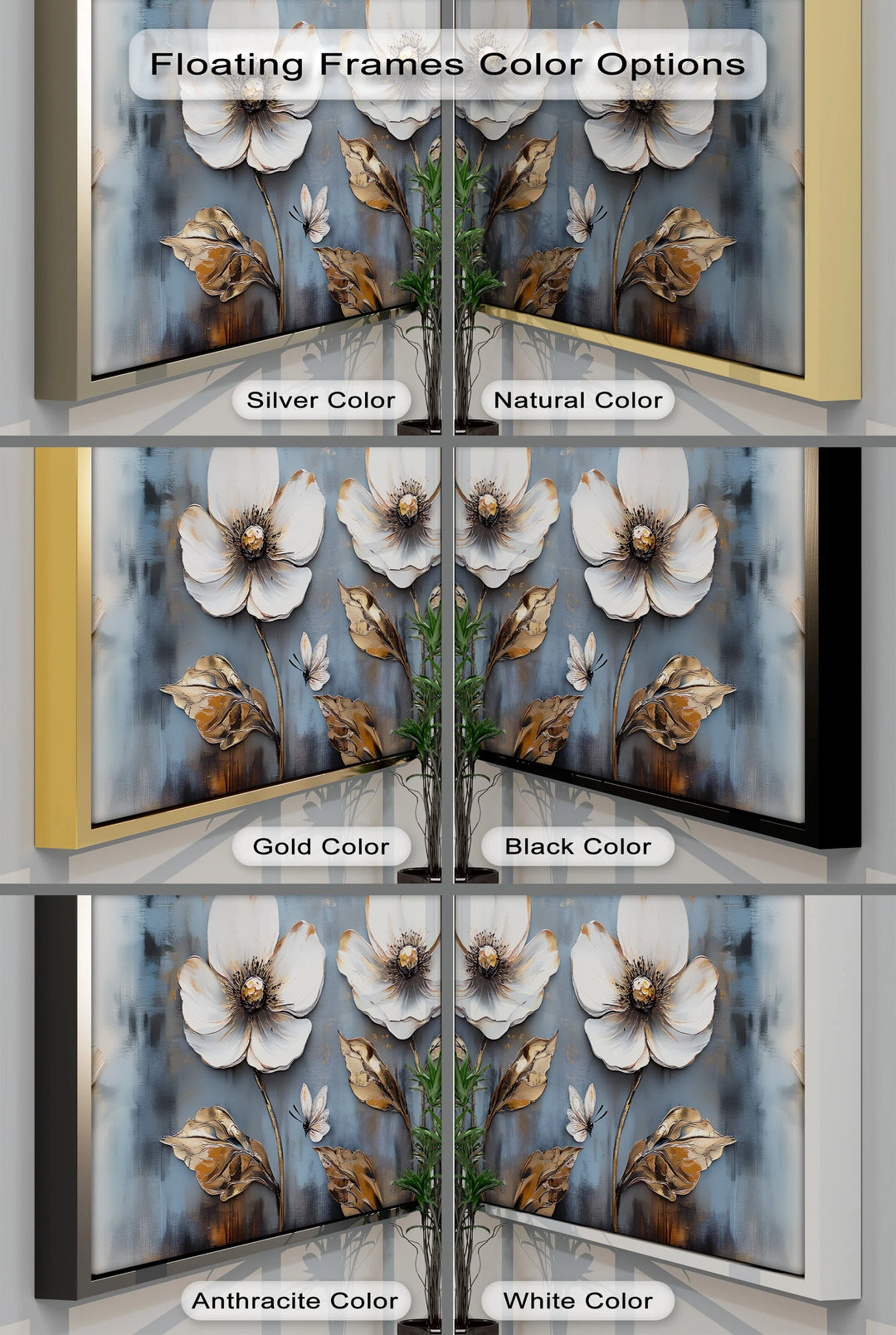 Golden Grace – White Floral Wall Art on Blue Canvas Print - MyPhotoStation