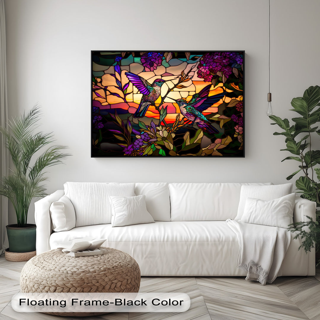Horizontally oriented, rectangular canvas pictures showcasing vibrant stained glass hummingbirds and intricate colorful floral wall art.