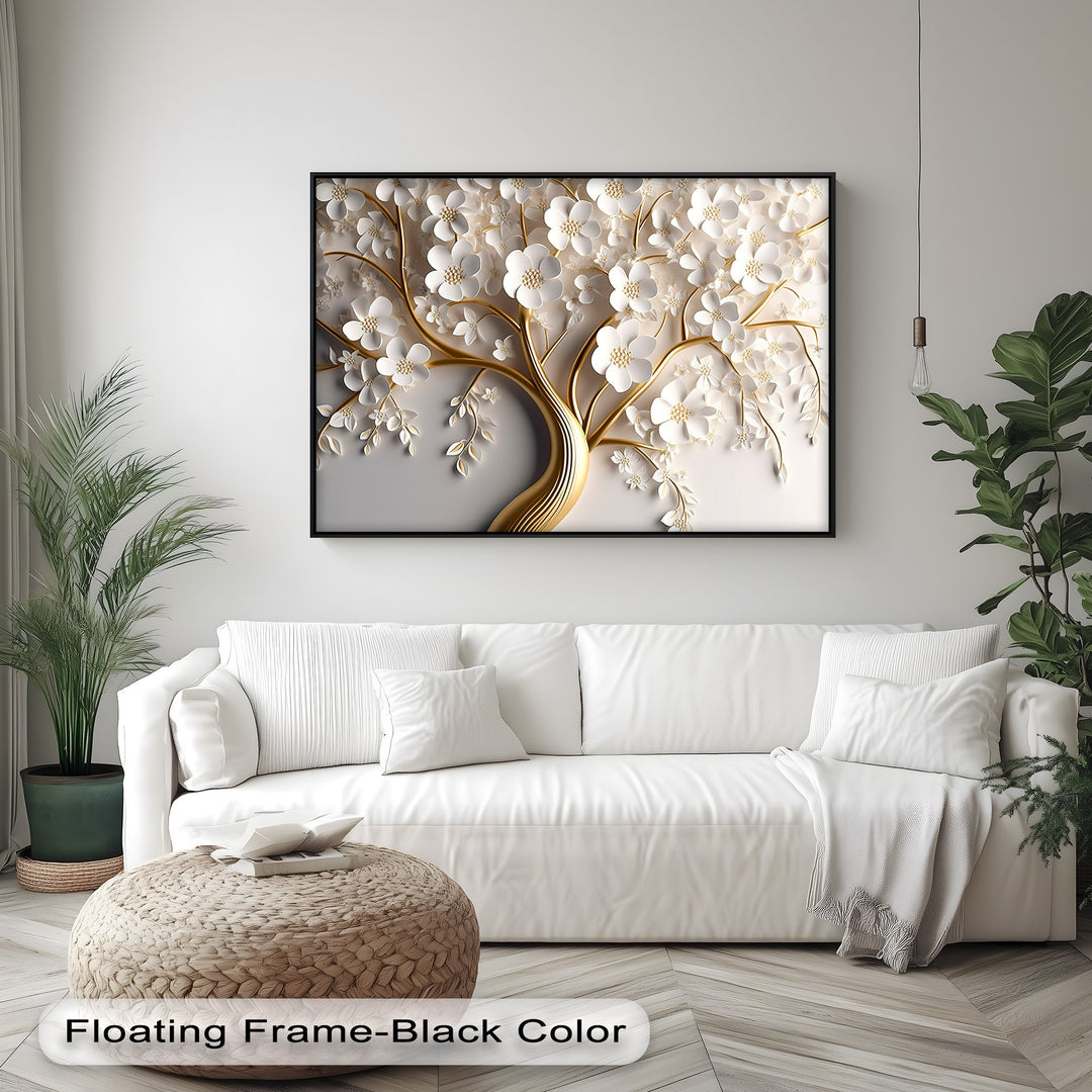 The striking black floating frame sharply defines the intricate White Blossom Tree Luxury Gold Floral Wall Art canvas art.