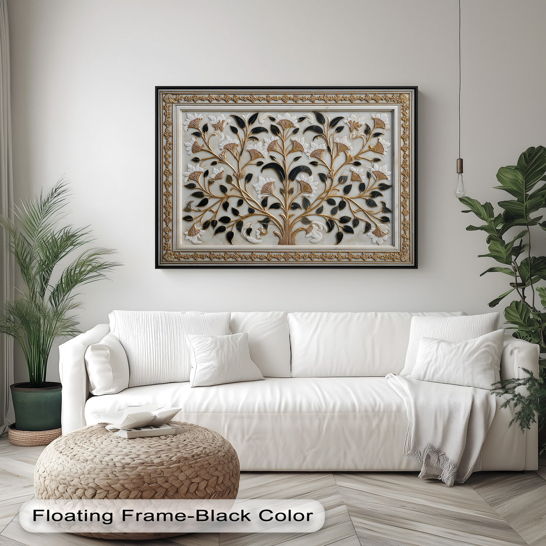A serene, light-toned wall provides a beautiful backdrop for the ornate gold botanical canvas art with its elegant floral design.