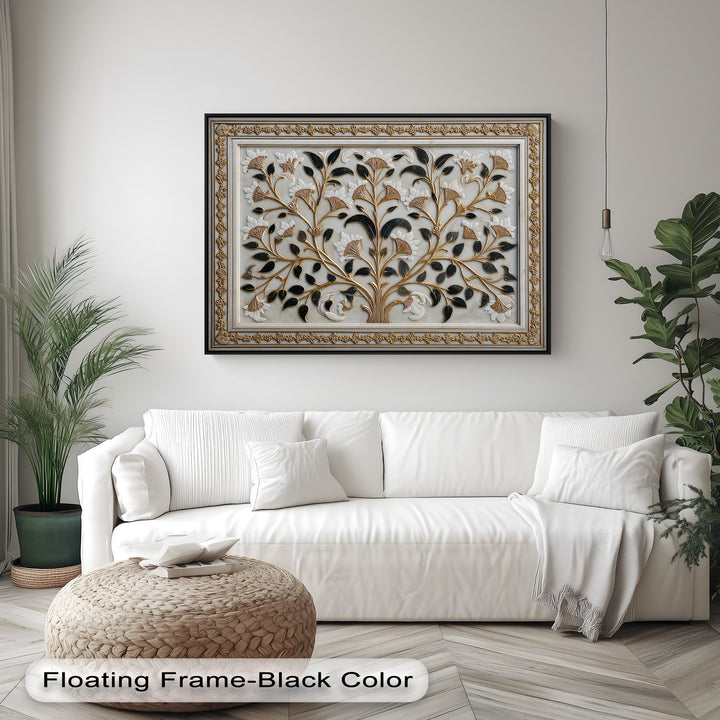 A serene, light-toned wall provides a beautiful backdrop for the ornate gold botanical canvas art with its elegant floral design.