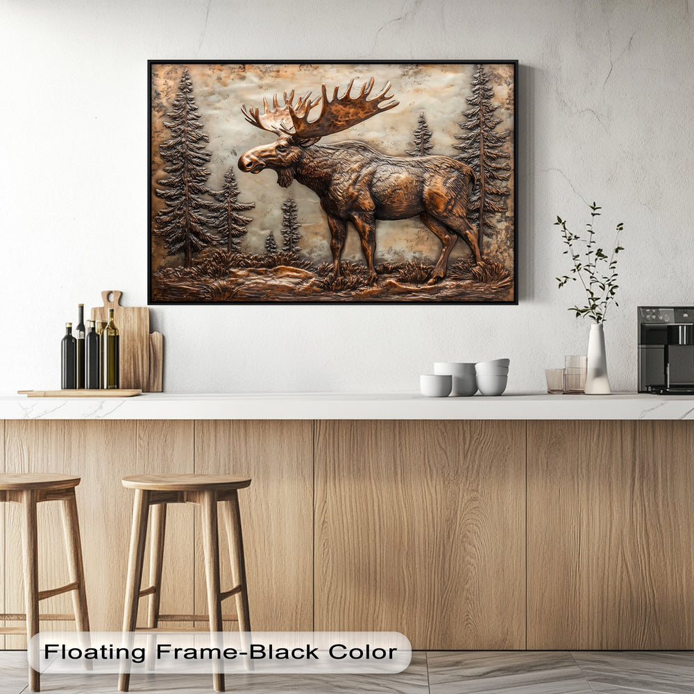 The exceptional material quality of this rustic wildlife best canvas prints features a detailed bronze relief-style moose and forest.
