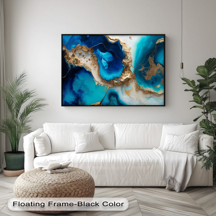 The durable canvas painting features luxurious blue and gold abstract agate layers, creating a high-quality ocean wall art piece.