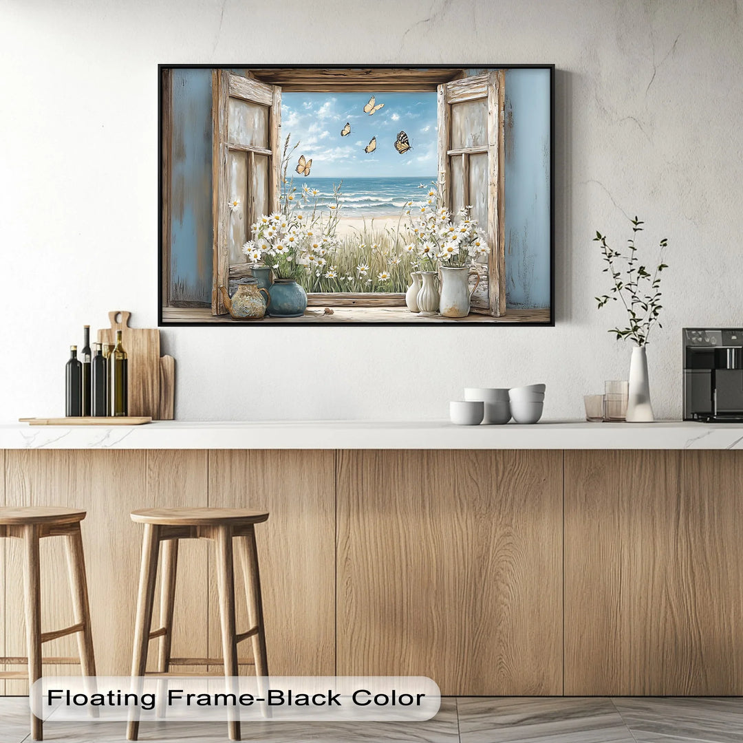 Butterflies by the Shore – Vintage Window View Kitchen Canvas Print - MyPhotoStation