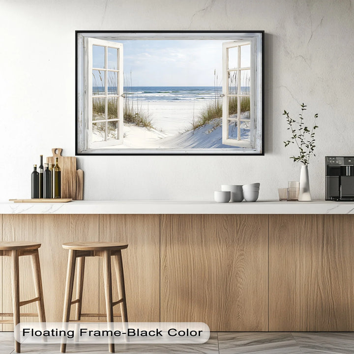 Ocean Breeze Escape – Open Window Beach Kitchen Canvas Print - MyPhotoStation