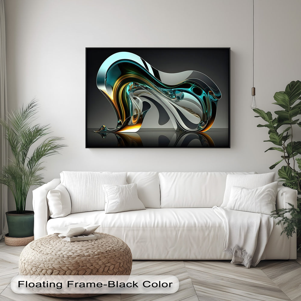 Displaying incredible depth and layered forms, this Aqua Glass Flow premium canvas decor features abstract swirling shapes in aqua, gold, and black.
