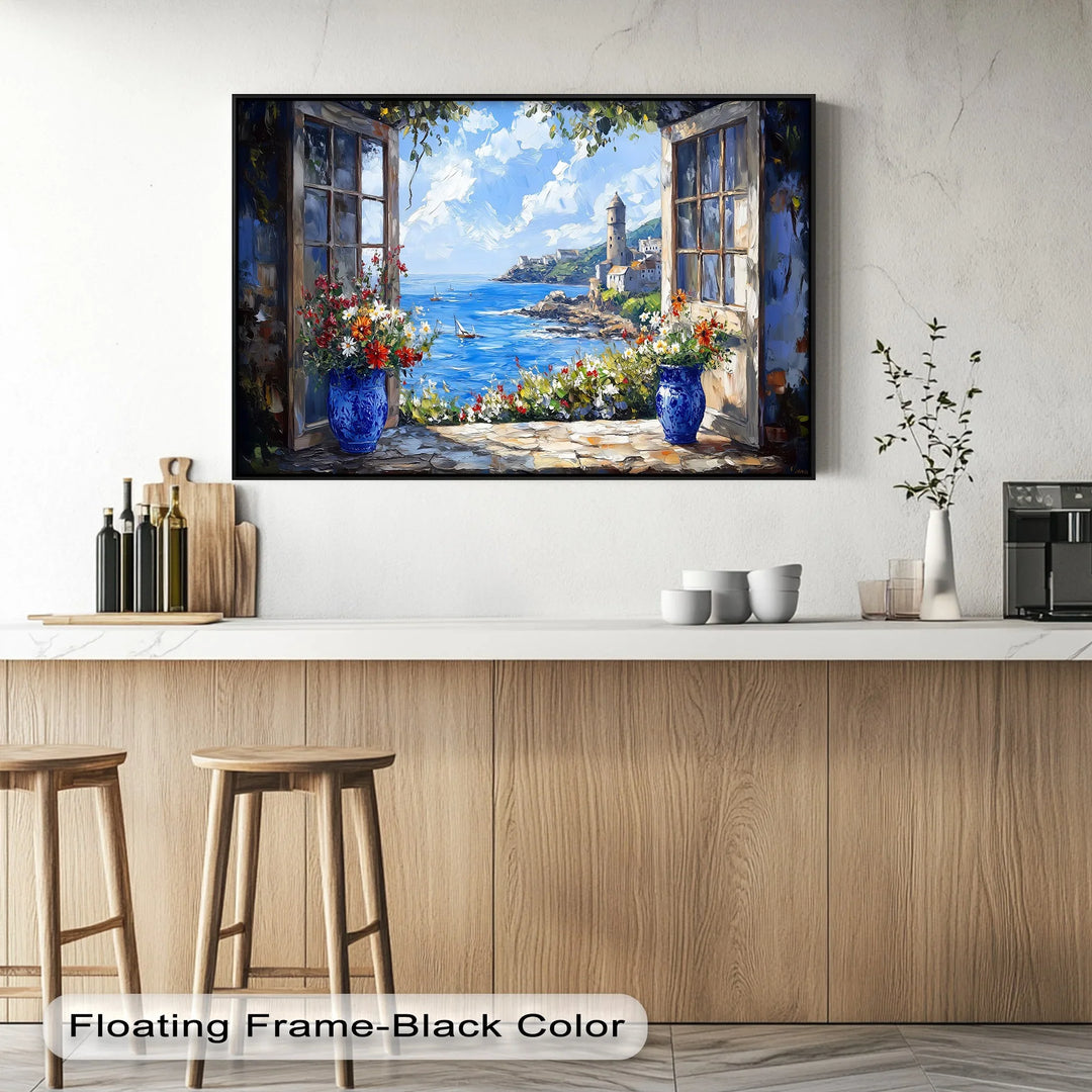 Mediterranean View Through the Terrace – Coastal Kitchen Canvas Print - MyPhotoStation