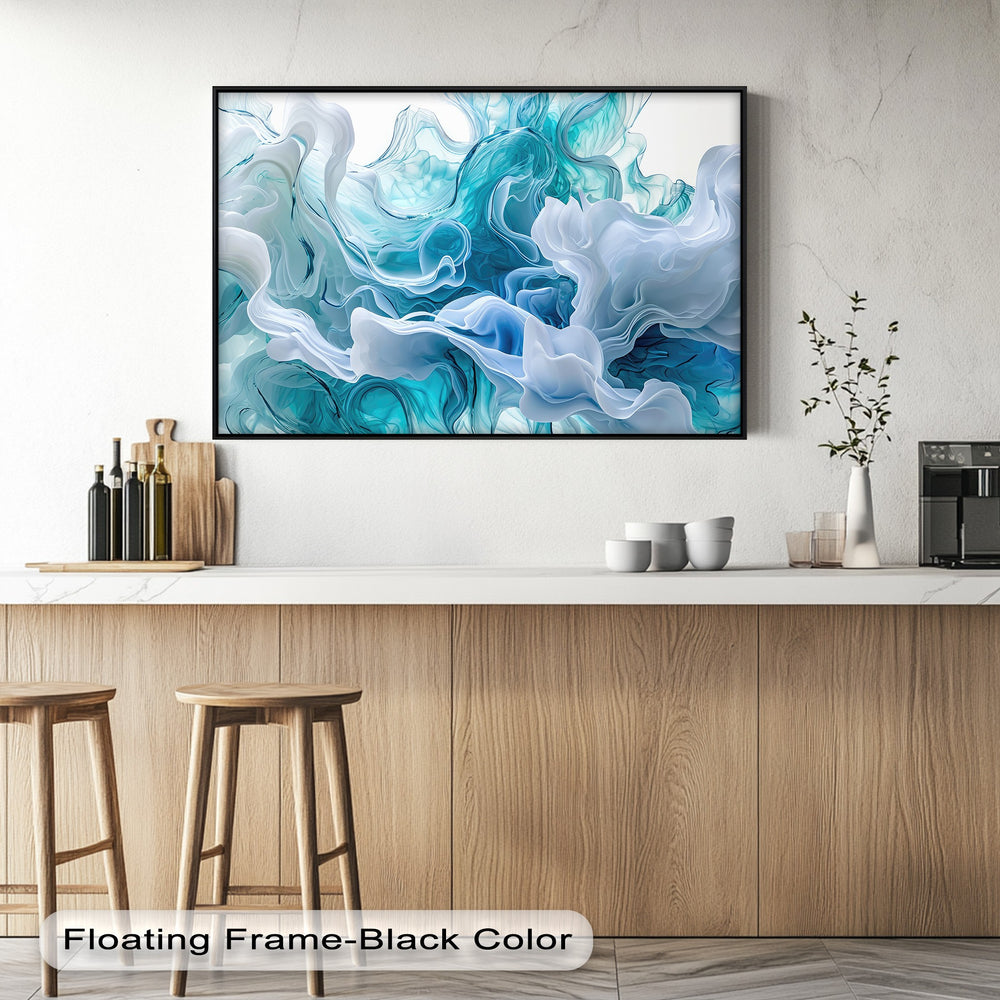 Dominant aqua and white flowing forms create a captivating abstract floral design on this big canvas print.