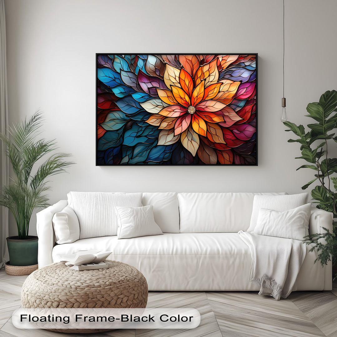 A vibrant, uplifting mood is created by the colorful stained glass flower canvas print, one of the best canvas prints, with its radiant petals.