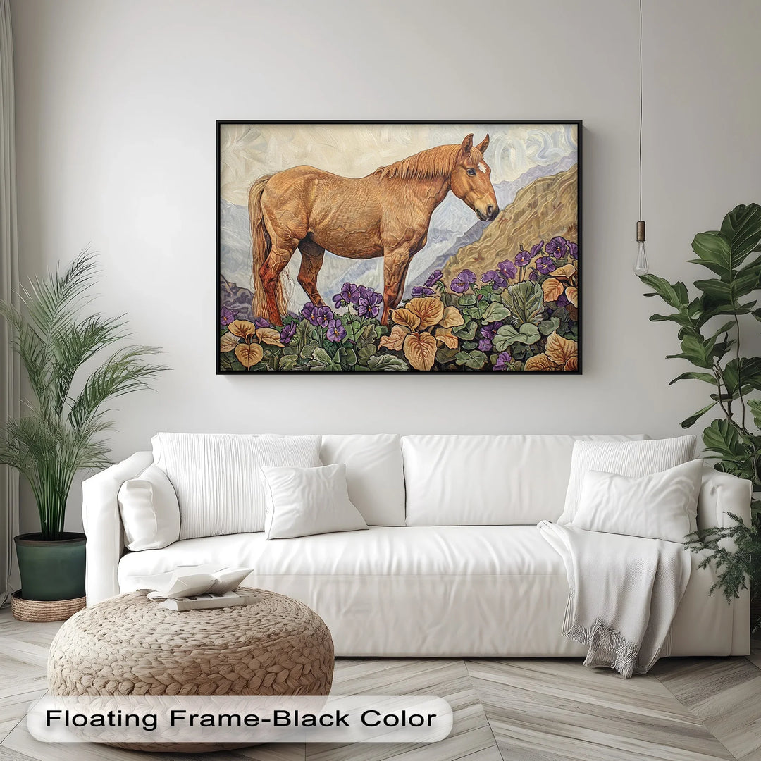 Golden Serenity – Horse Among Violet Blossoms Animal Canvas Print - MyPhotoStation