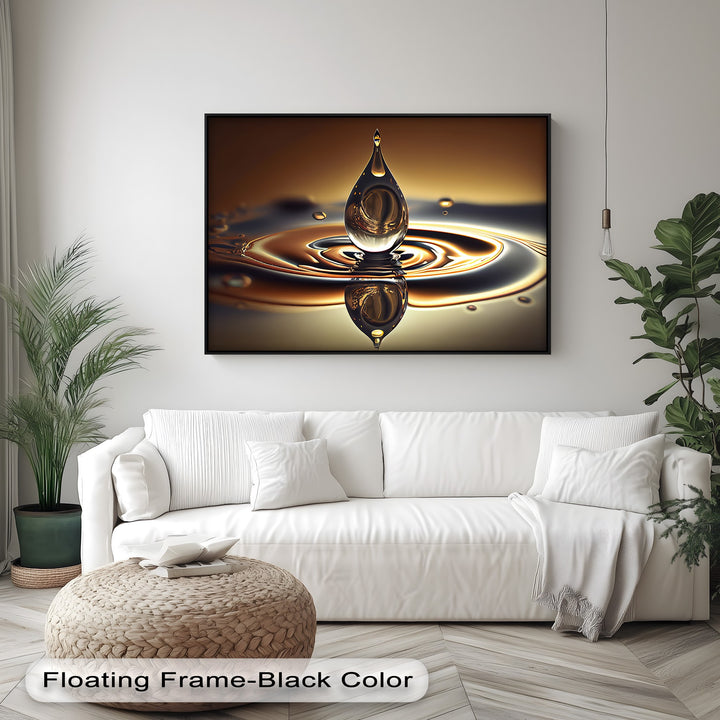 The vast, serene negative space of a white wall highlights the luxurious golden water drop canvas art prints with its subtle ripples.
