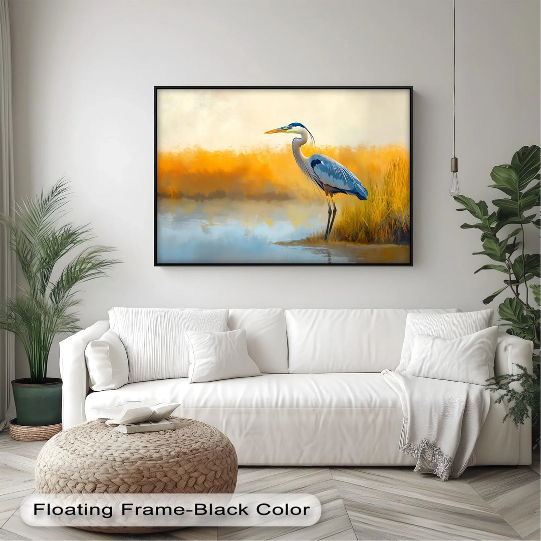 Still Waters – Majestic Heron in Misty Marshland Canvas Wall Art - MyPhotoStation