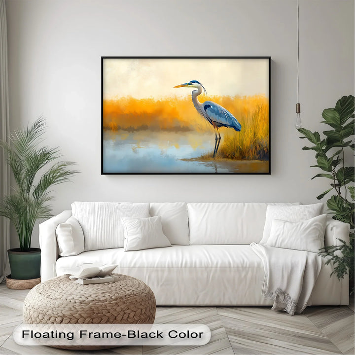 Still Waters – Majestic Heron in Misty Marshland Canvas Wall Art - MyPhotoStation