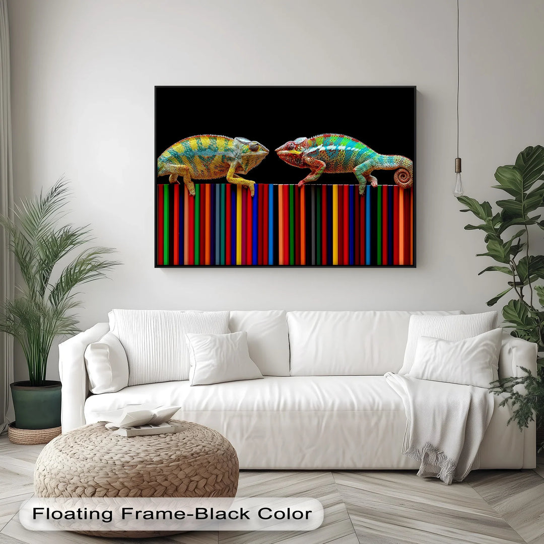Color Clash – Vibrant Chameleon Duo on Pencils Canvas Print - MyPhotoStation