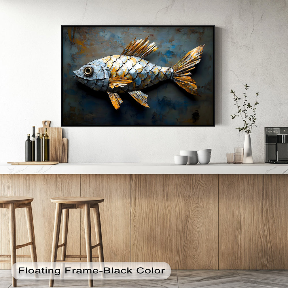 Vibrantly saturated, this rustic coastal metal fish canvas wall art boasts striking blue and gold scales with textured fins.